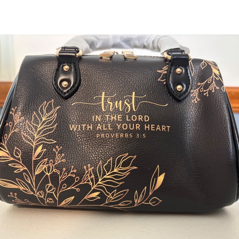 Blessac mini Satchel Women Black Gold Proverbs 3:5 Floral Crossbody Bag NEW